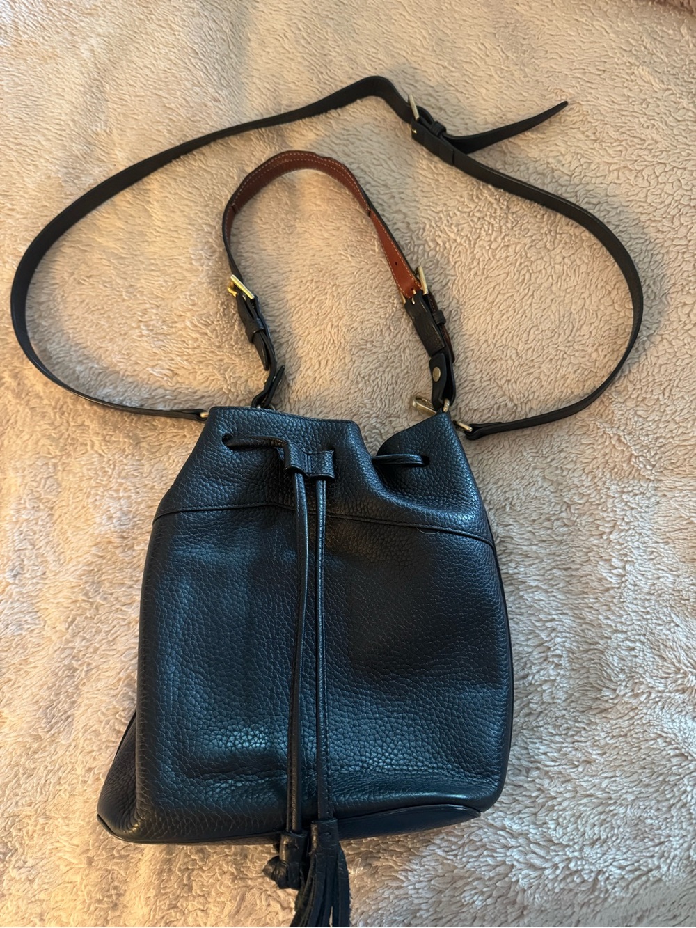 GiGi New York Black Pebbled Leather Drawstring Bucket Crossbody